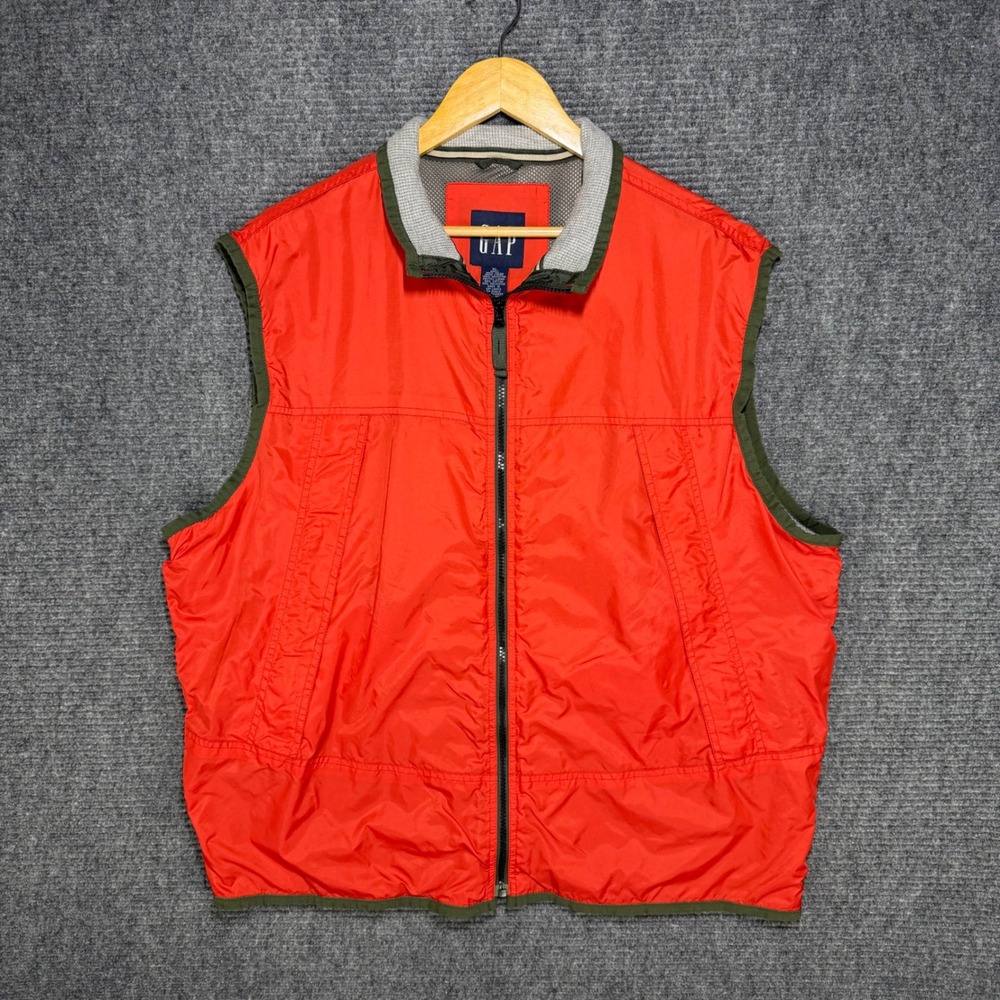 Gap Vintage Mens XL Orange Nylon Full Zip Vest Olive Trim Knit Lined Gorpcore